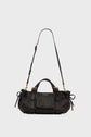 A stylish sac à main in black cuir bubble with gold accents, featuring a front pocket, two top handles, and a long adjustable shoulder strap, displayed against a plain light background.