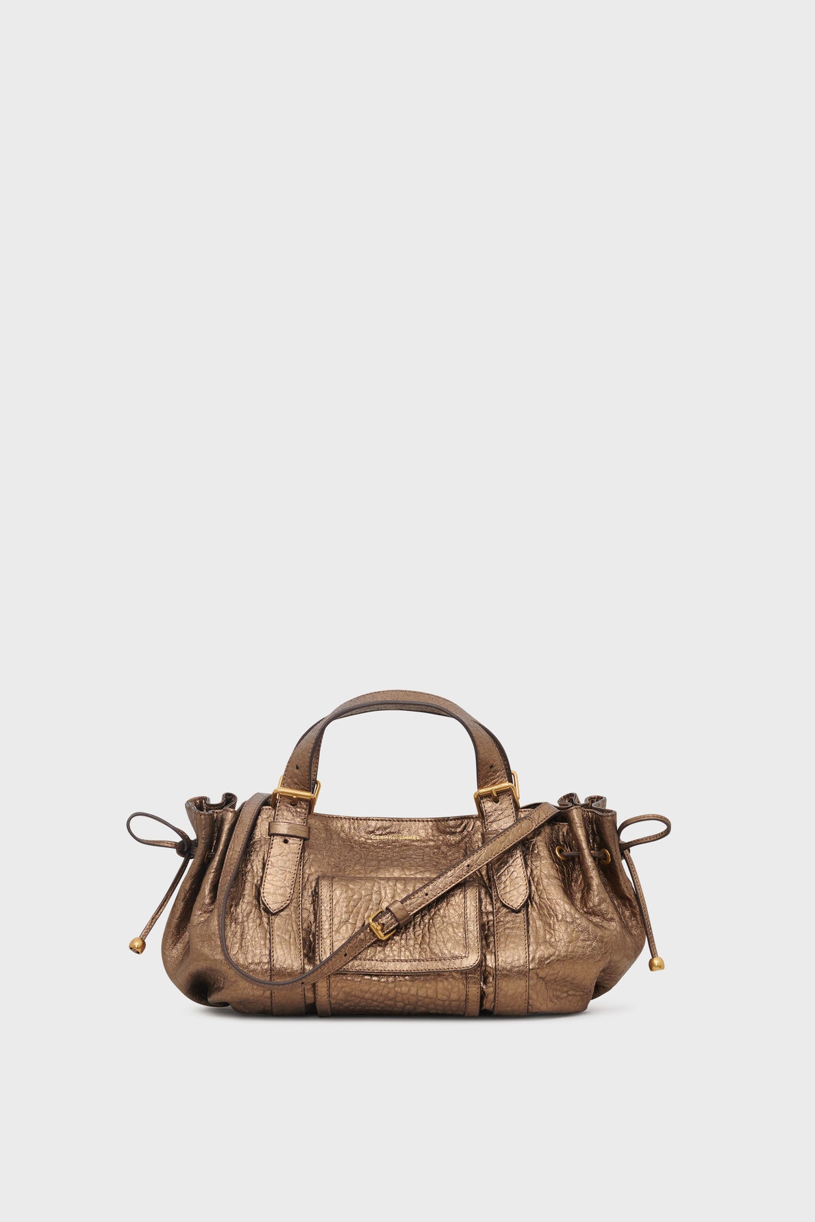 Metallic bronze leather sac à main with two handles, gold hardware, side drawstring details, and a detachable shoulder strap in luxurious cuir mouton bubble, displayed against a plain light background.