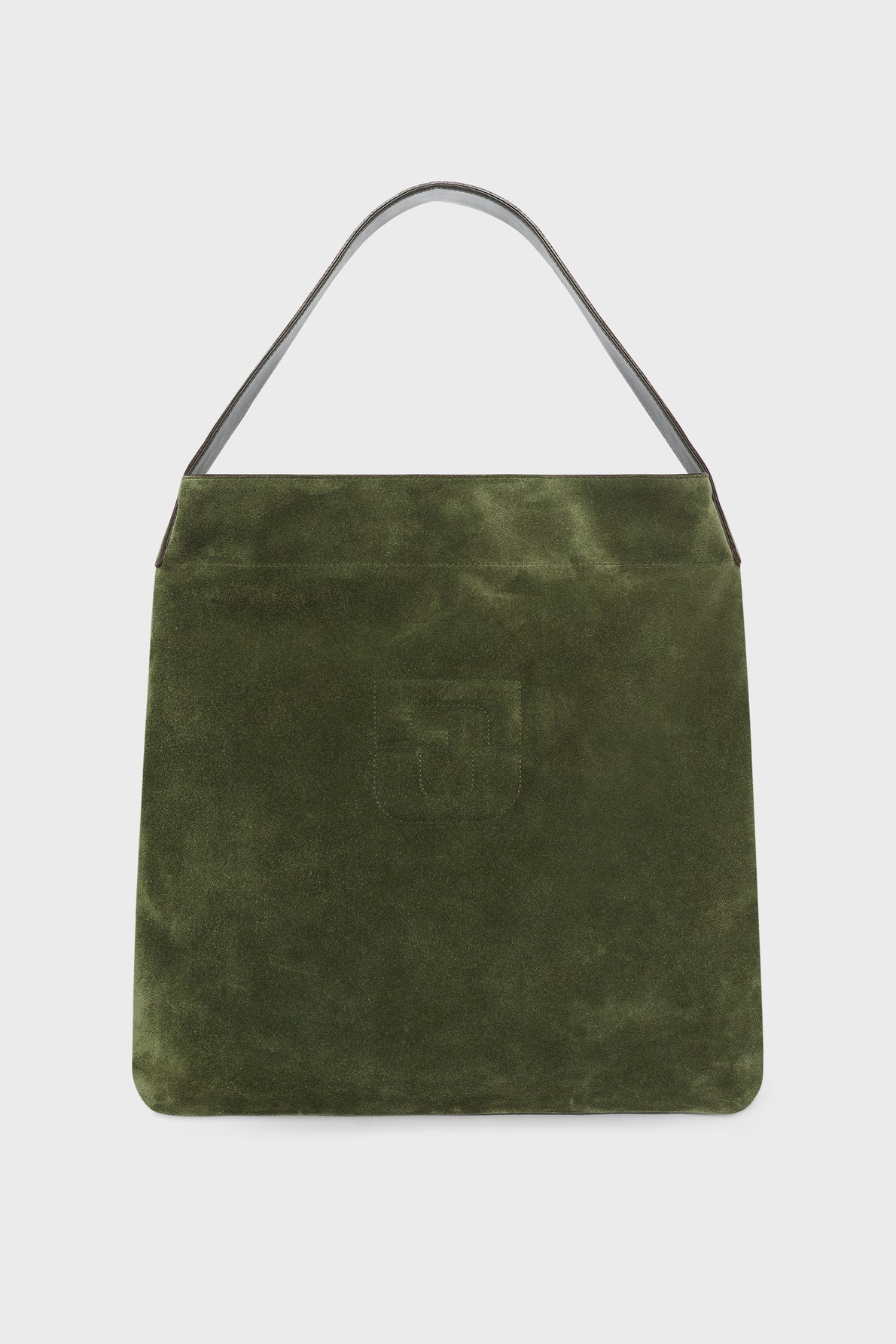 A square-shaped olive green suede handbag, crafted from luxurious cuir velours, features a short, dark handle and an embossed logo on the front. This elegant totebag is photographed against a plain white background.