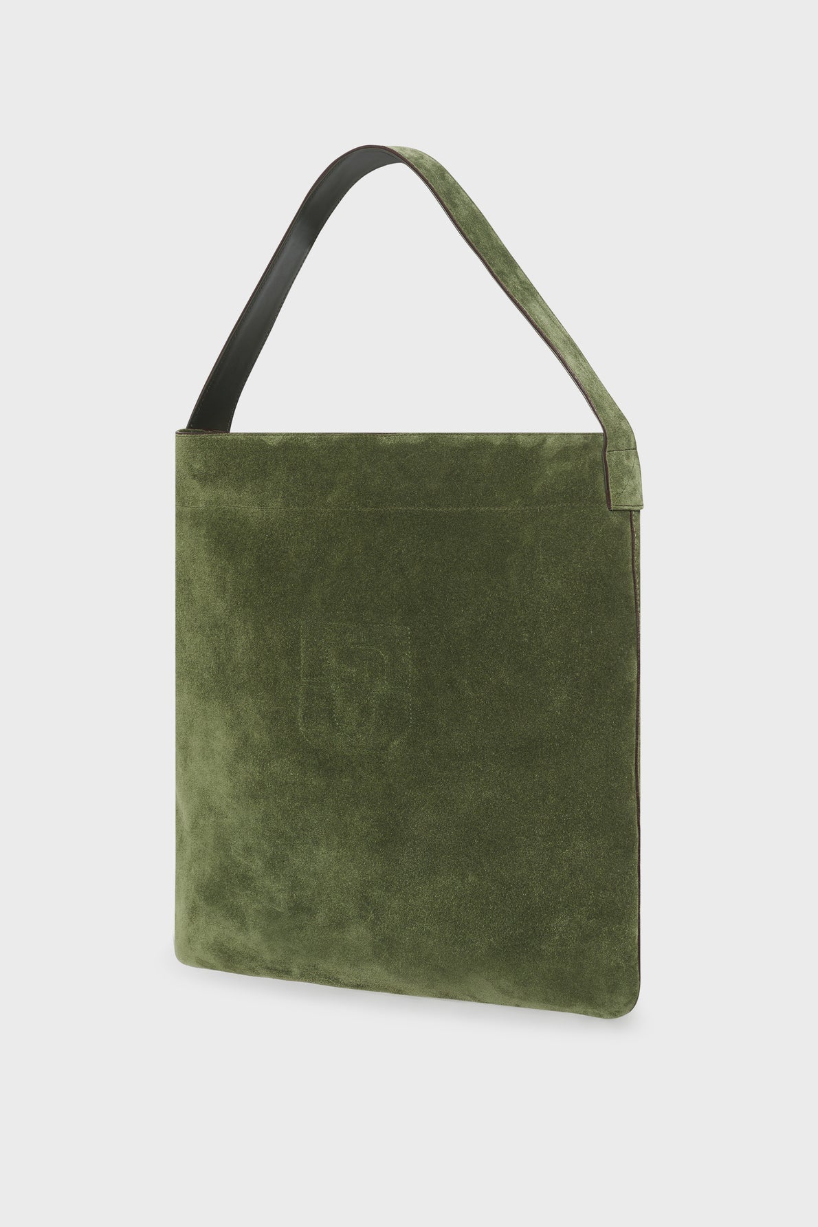 A square-shaped olive green suede handbag crafted from luxurious cuir velours, featuring a wide, single dark strap and a subtle embossed logo on the front. This elegant sac hobo is displayed against a plain white background.