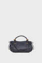 A navy blue leather sac à main with gold hardware, short handles, and side drawstring details in a chic mini format, displayed against a plain light background.