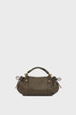 Small olive green sac à main in cuir with a top handle, gold hardware, and drawstring details on each side, complemented by a practical bandoulière amovible, set against a plain white background.