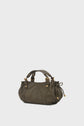 A small, olive-green sac à main in cuir with gold hardware, two short handles, a bandoulière amovible, and drawstring details on the sides, set against a plain light gray background.