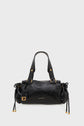 Black cuir froissé leather sac à main with gold hardware, double handles, side drawstring details, a small front pocket with a buckle, and the Giorgio Armani logo embossed in gold on the front. The background is plain white, capturing an essence of chic à la française.