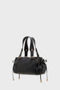 A chic à la française black leather sac à main with gold hardware, two handles, and drawstring details on the sides, crafted from luxurious cuir froissé, set against a plain light gray background.