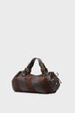 Brown and dark brown striped sac à main with gold hardware, short handles, and drawstring sides, crafted in a chic cuir patchwork style, placed on a plain light background—perfect for carrying all your essentials 24H.