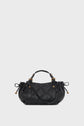A black sac à main matelassé in quilted leather with gold hardware, featuring two short handles and drawstring sides, displayed on a plain light background. This elegant mini it-bag also includes a bandoulière amovible for versatile styling.