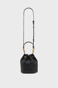A black quilted leather bucket bag (sac seau cuir) with gold hardware, a drawstring closure, and an adjustable shoulder strap is shown against a plain light gray background.