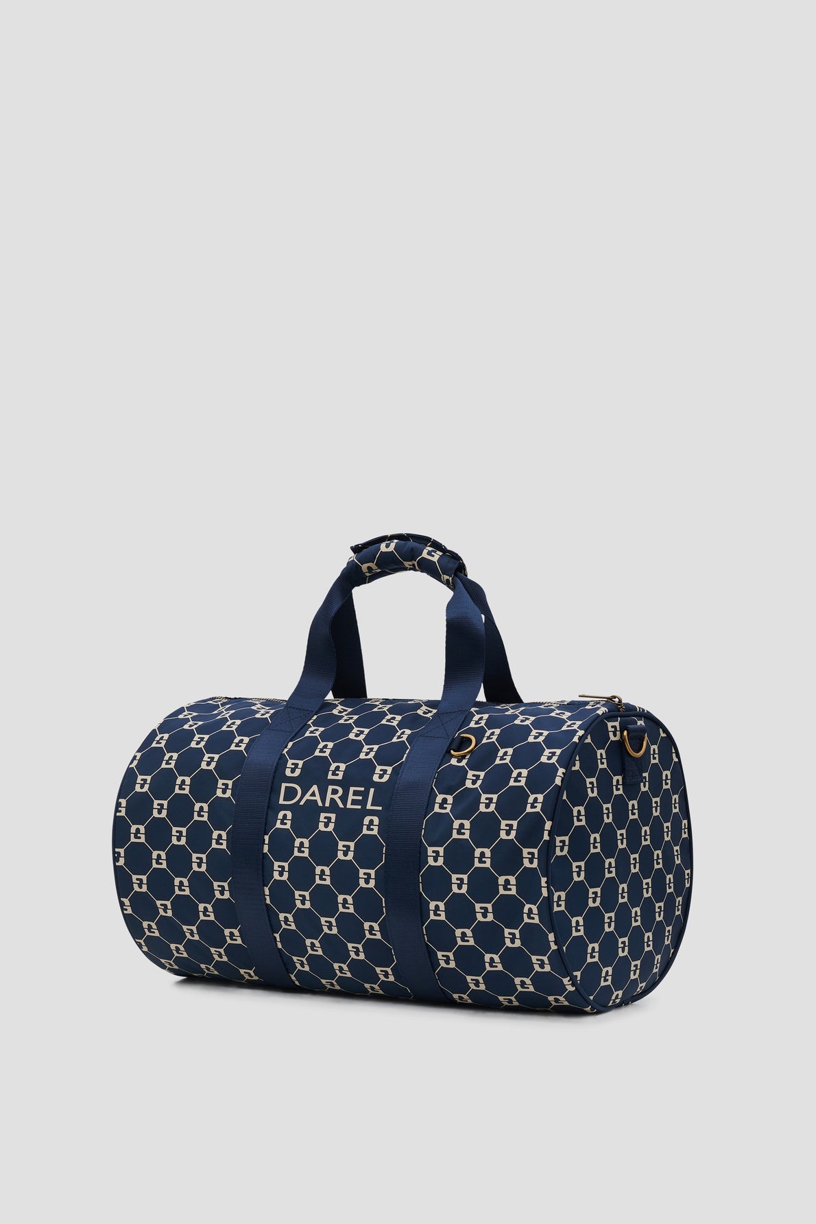 A navy blue sac de sport duffel bag featuring a white geometric pattern, two handles, and DAREL printed on the front. This versatile sac unisexe is perfect for the gym or as a stylish sac bowling for your weekend getaways.