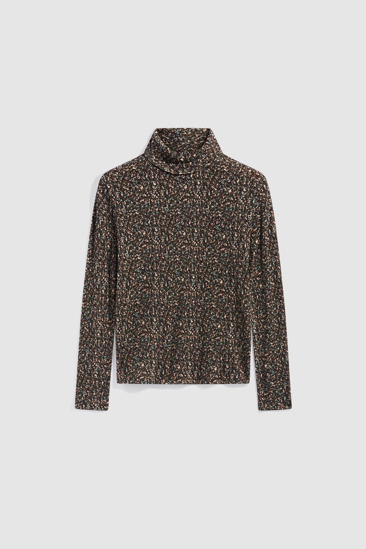 A long-sleeve t-shirt col roulé with a black base and a multicolored, small floral motif imprimé, displayed on a plain white background.