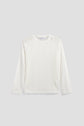 A long-sleeve, textured white shirt with a crew neckline, crafted from matière stretch and featuring subtle dentelle motifs floraux, displayed on a plain light gray background.