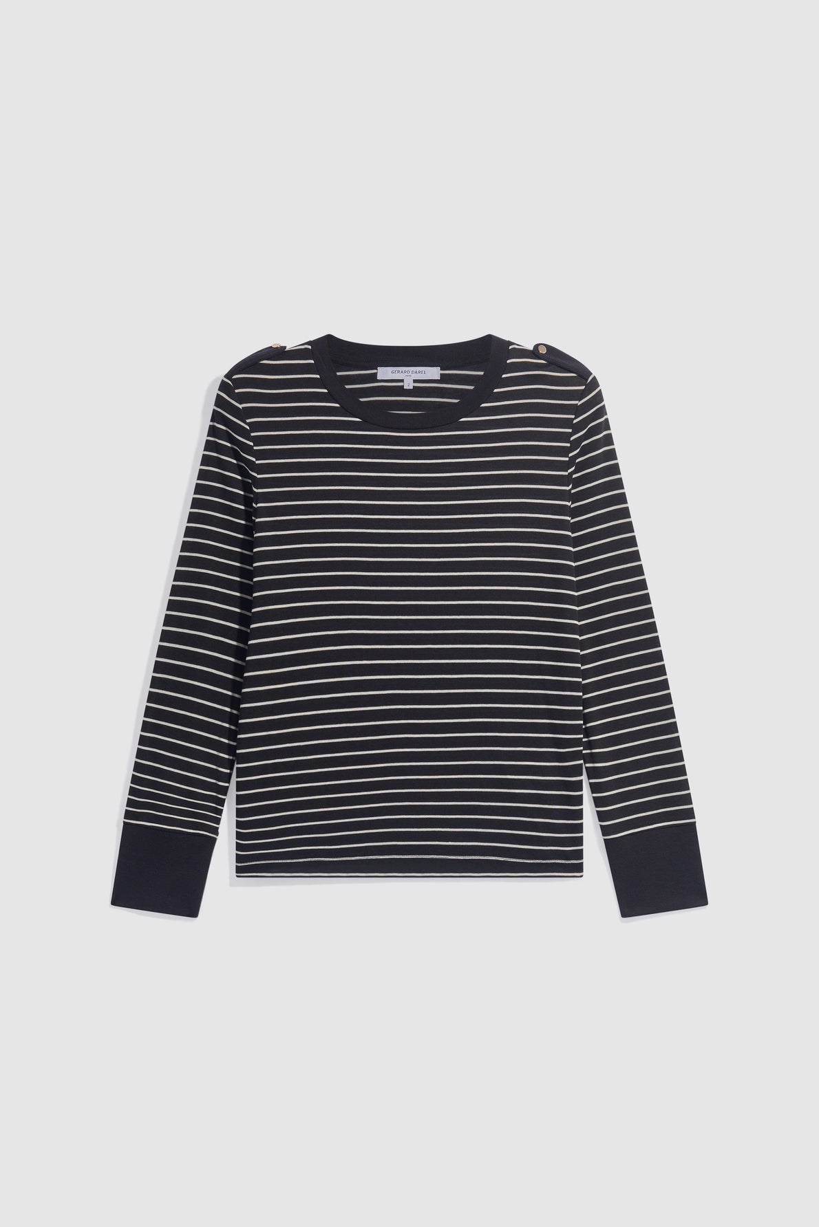 Navy blue long-sleeve sweater with thin white horizontal stripes, coupe ajustée, black cuffs, and gold buttons on both shoulders, displayed on a plain light background.