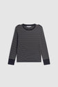 Navy blue long-sleeve sweater with thin white horizontal stripes, coupe ajustée, black cuffs, and gold buttons on both shoulders, displayed on a plain light background.