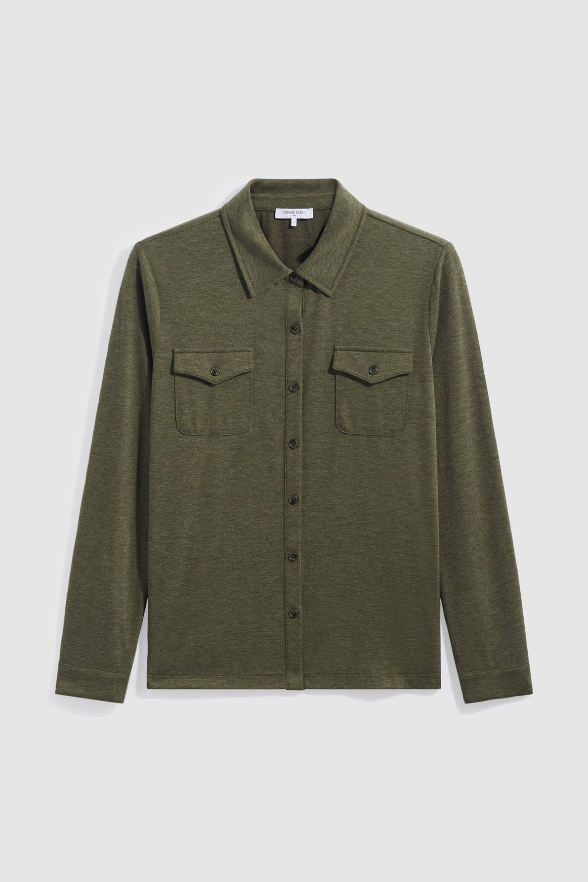Olive green long-sleeve button-up shirt with a tee-shirt col chemise, collar and two chest pockets, each with a buttoned flap, laid flat on a white background.