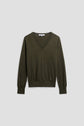 A dark green pull col V laine sweater, featuring long sleeves, is displayed against a plain, light gray background. The pull kaki has a ribbed waistband and cuffs, highlighting its classic style.