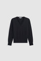Black V-neck long-sleeve sweater displayed on a plain white background. This pull en laine features a simple, classic design with ribbed cuffs and hem.