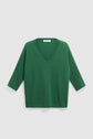 Green V-neck sweater (pull col V) with three-quarter length sleeves, displayed flat on a white background.