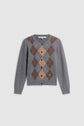 Gray gilet gris cardigan with long sleeves, black buttons, and a brown, tan, and dark gray motif losanges argyle pattern on the front. The background is plain white.