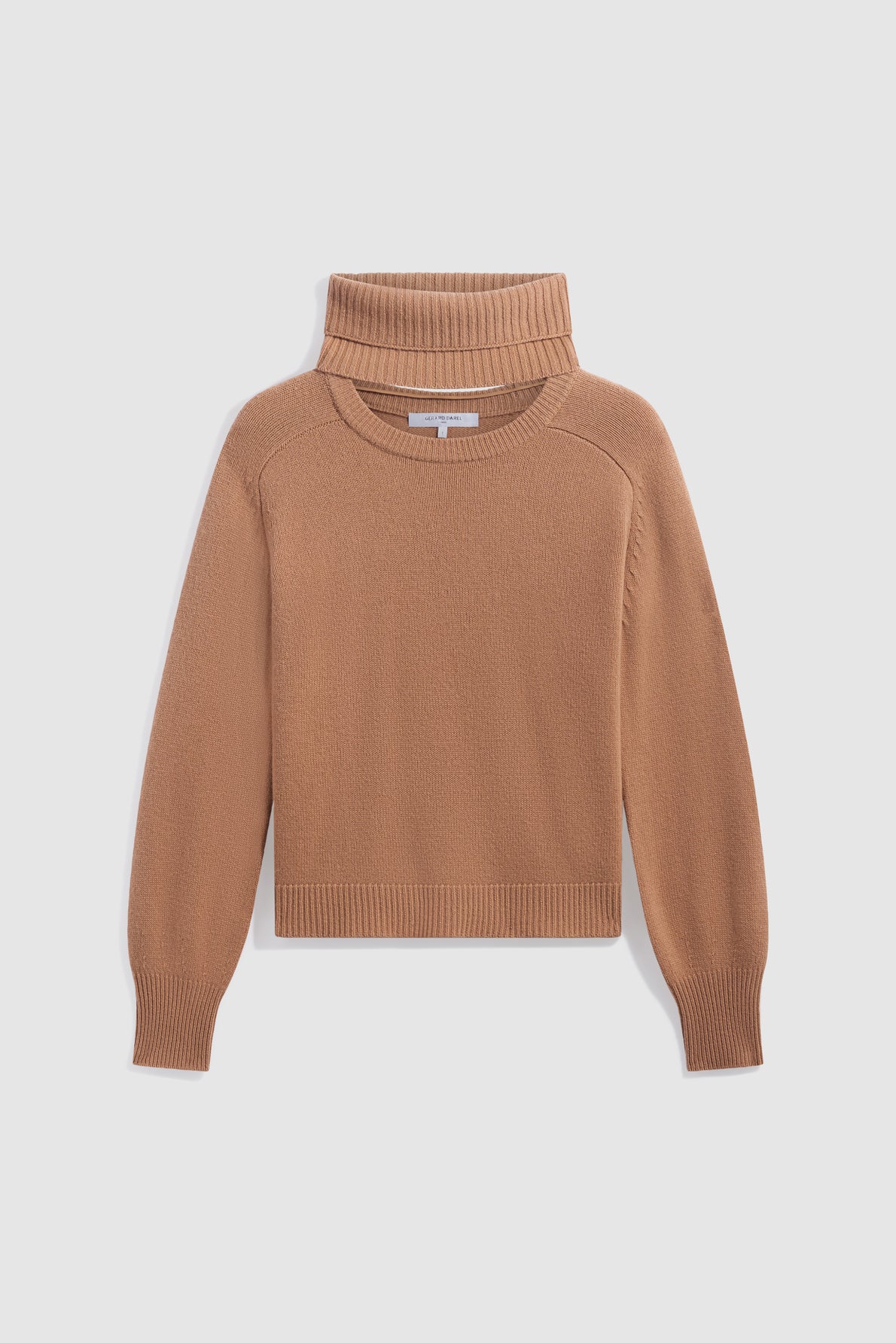 Brown long-sleeve sweater, crafted in a luxurious pull en laine camel, featuring a ribbed high neck, ribbed cuffs, and hem, laid flat on a white background.