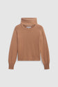 Brown long-sleeve sweater, crafted in a luxurious pull en laine camel, featuring a ribbed high neck, ribbed cuffs, and hem, laid flat on a white background.