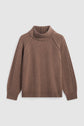 Brown knit turtleneck sweater with ribbed collar, cuffs, and hem. This pull en laine features long sleeves with subtle vertical seam detailing and a relaxed, cozy fit, displayed on a plain white background.