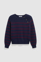 A navy blue, long-sleeved marinière sweater with dark red rayures bordeaux and three black buttons on the left shoulder, crafted from soft laine mérinos for exceptional warmth and comfort.