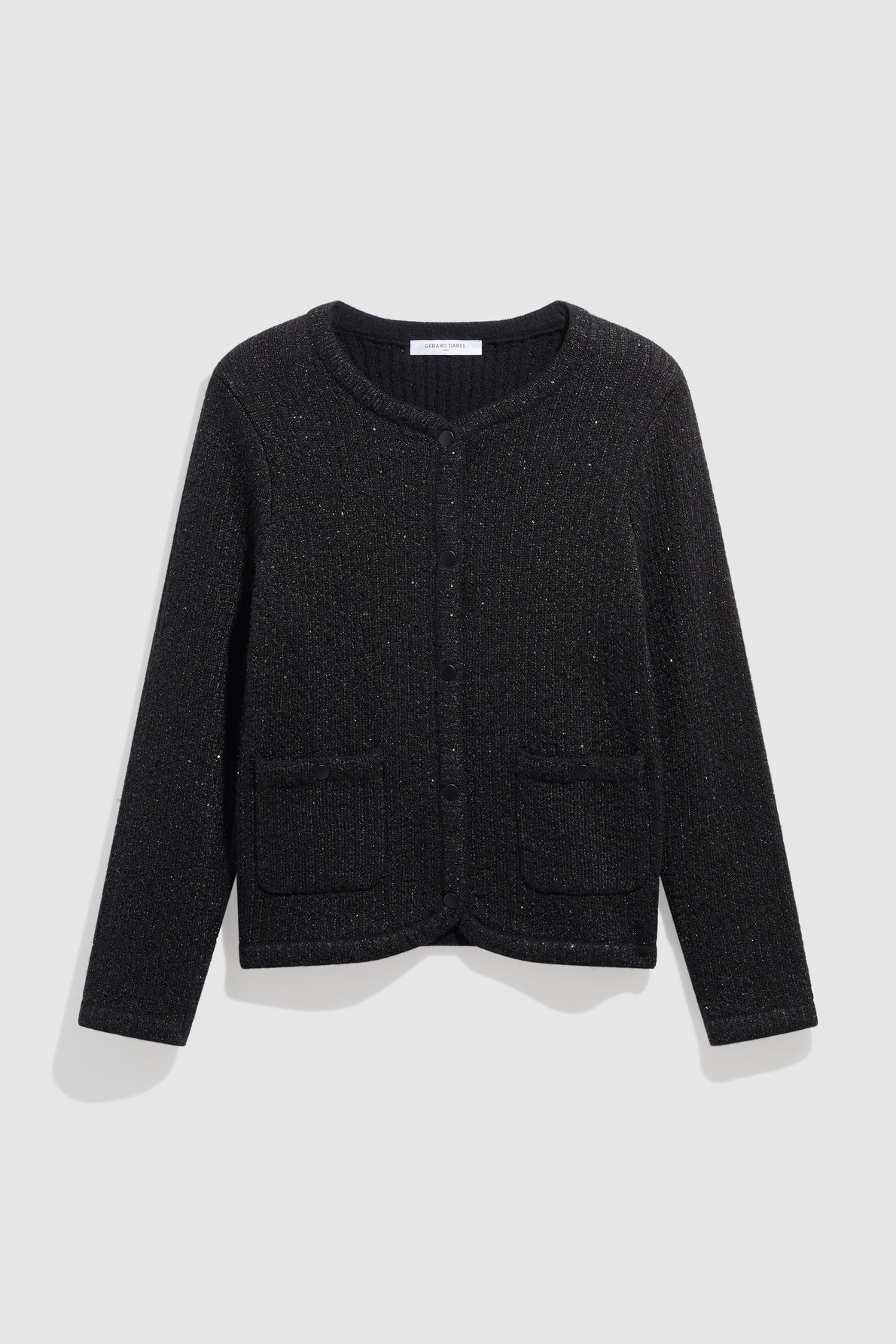 A black, long-sleeve, button-up gilet noir cardigan with two front pockets and subtle lurex sequins is displayed flat against a light gray background.