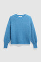 A blue, long-sleeve, crew-neck sweater made of a soft, ribbed knit fabric with a subtle pull bleu intense hue, displayed against a light gray background.