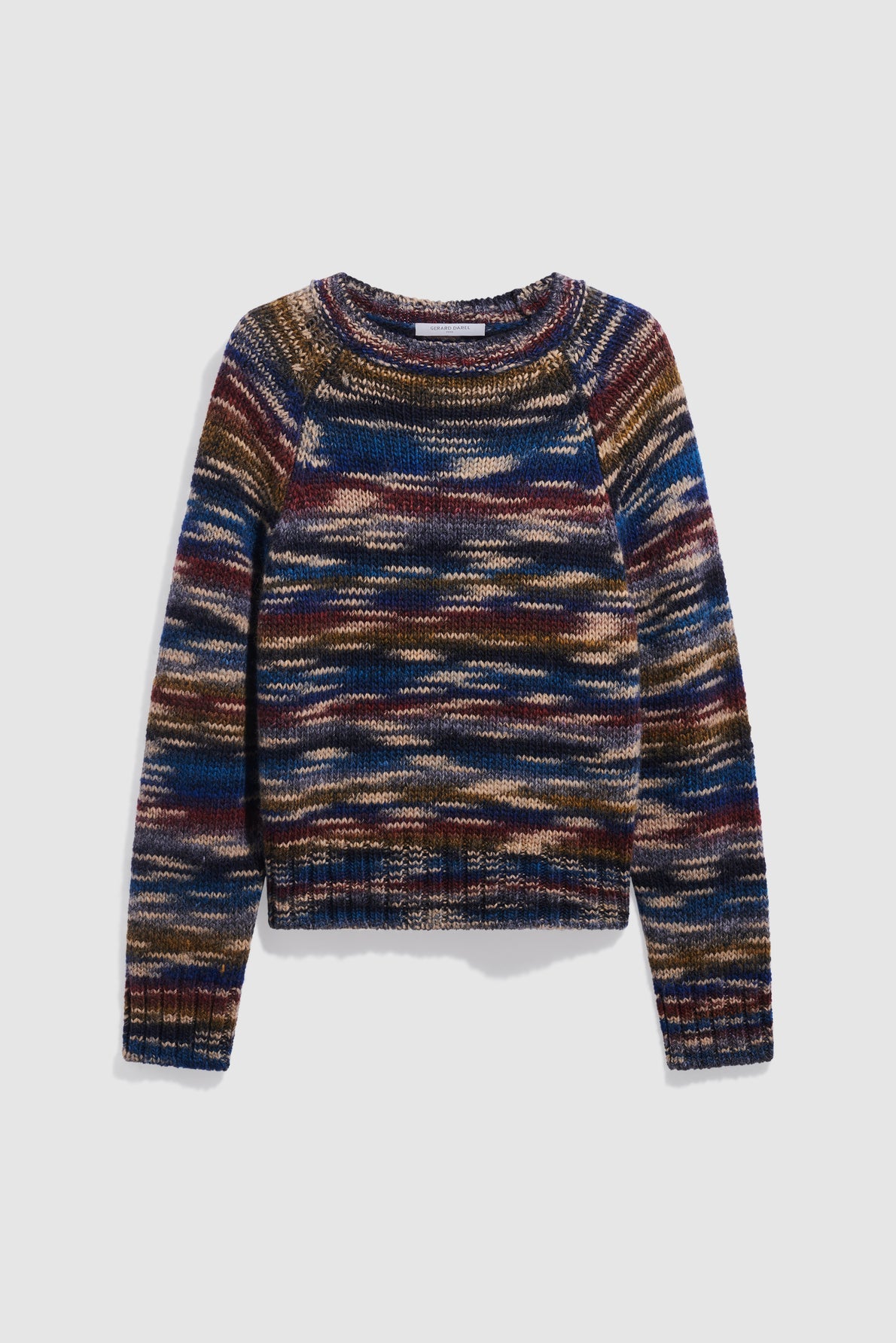 Multicolored knit sweater with long sleeves, featuring a mix of blue, brown, beige, and maroon horizontal streaks—this cozy pull rayé en laine mélangée is laid flat on a light background, perfect for adding warmth and style to your winter wardrobe.