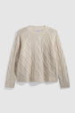 Beige cable-knit sweater with a diamond and braided pattern in the esprit rustique chic style, featuring long sleeves, ribbed cuffs, hem, and neckline—this elegant pull torsades is displayed against a plain white background.