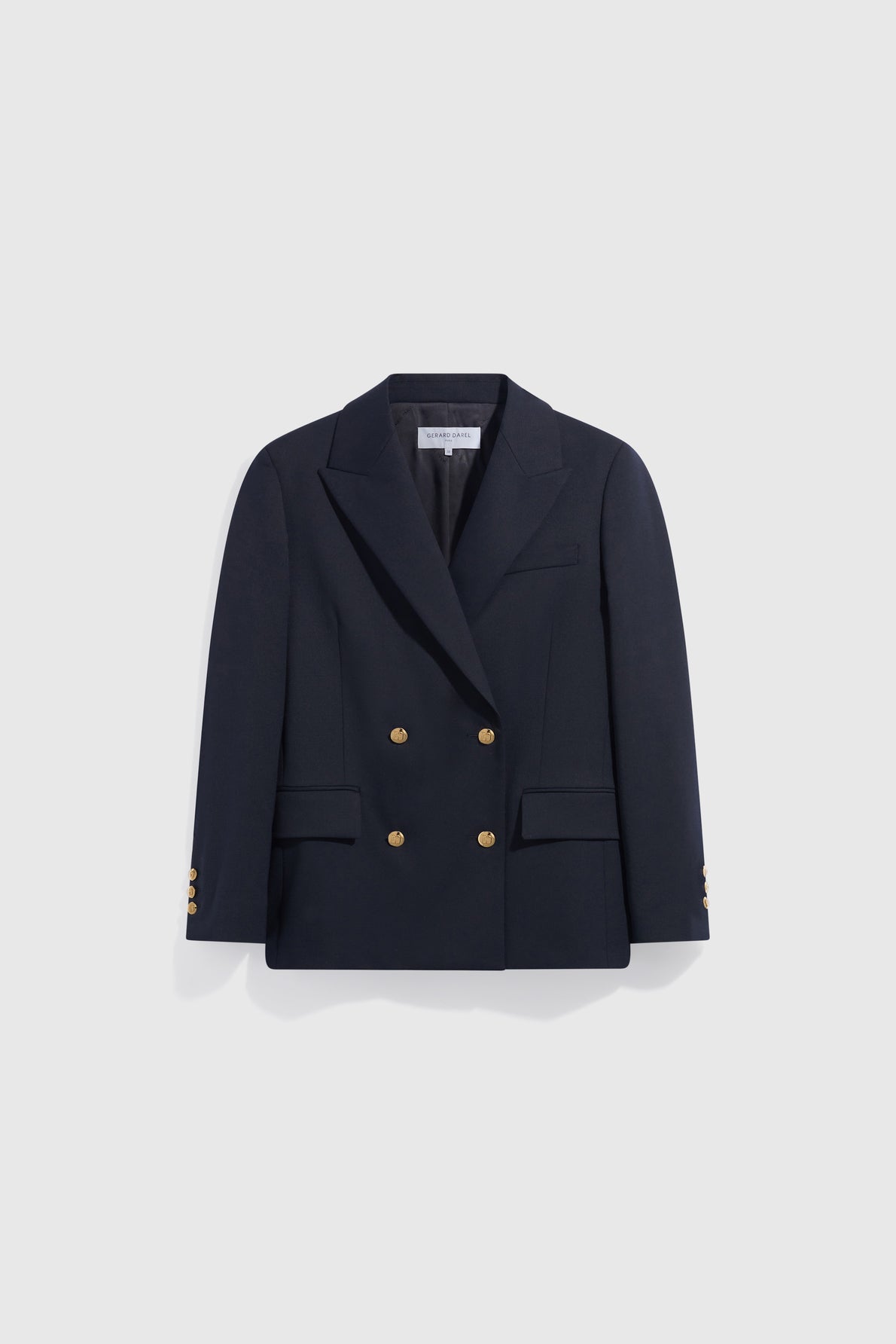A black double-breasted blazer croisé doré with gold buttons on the front and cuffs, displayed against a plain white background.