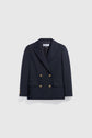 A black double-breasted blazer croisé doré with gold buttons on the front and cuffs, displayed against a plain white background.