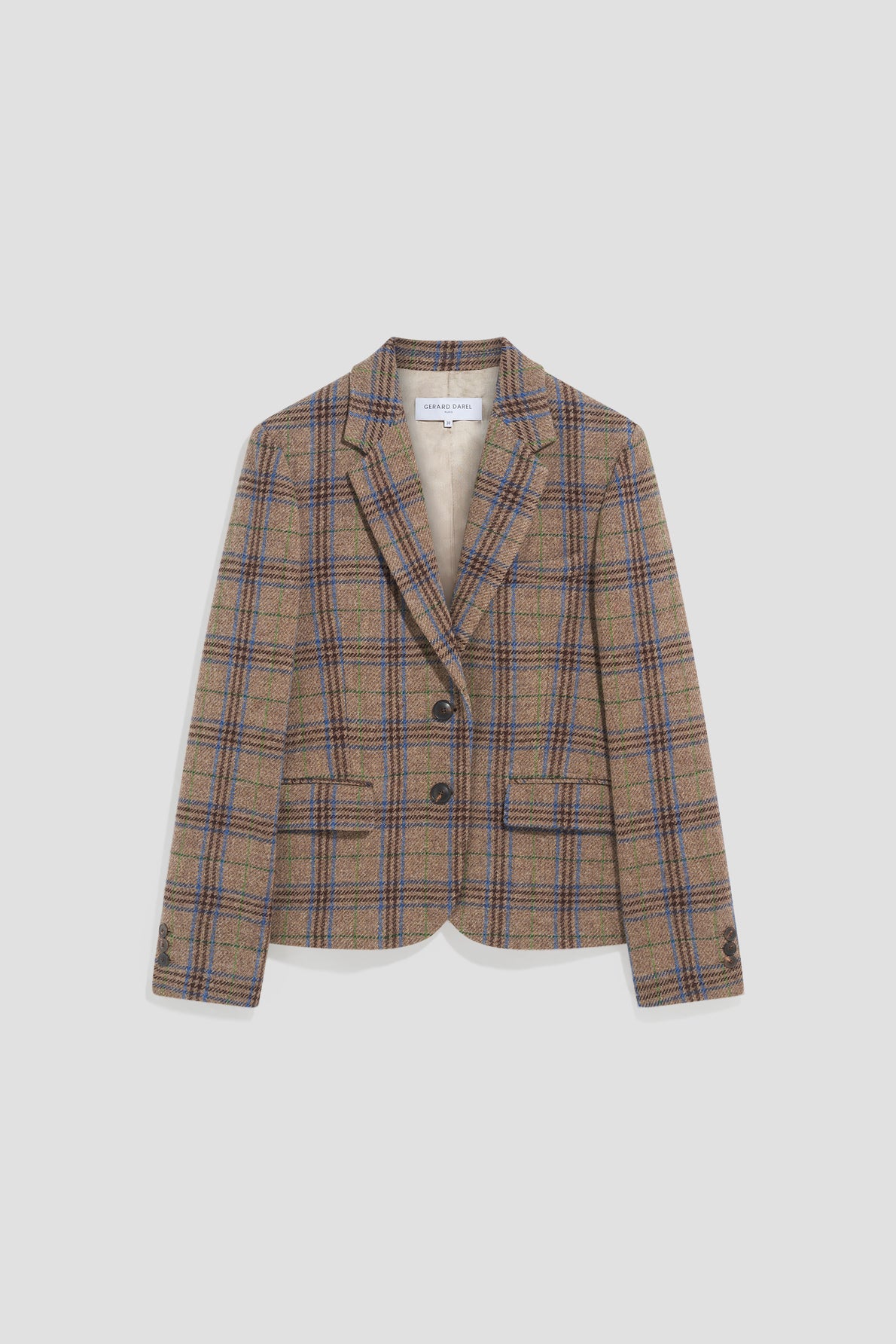 A brown plaid blazer with blue and red stripes, crafted from pure laine vierge, featuring two black buttons, notched lapels, and two front pockets, displayed on a plain white background.