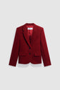 A tailored, deep red blazer—perfect as a veste rouge femme—with a notched collar, two front buttons, flap pockets, and a chest pocket, displayed on a plain light gray background.