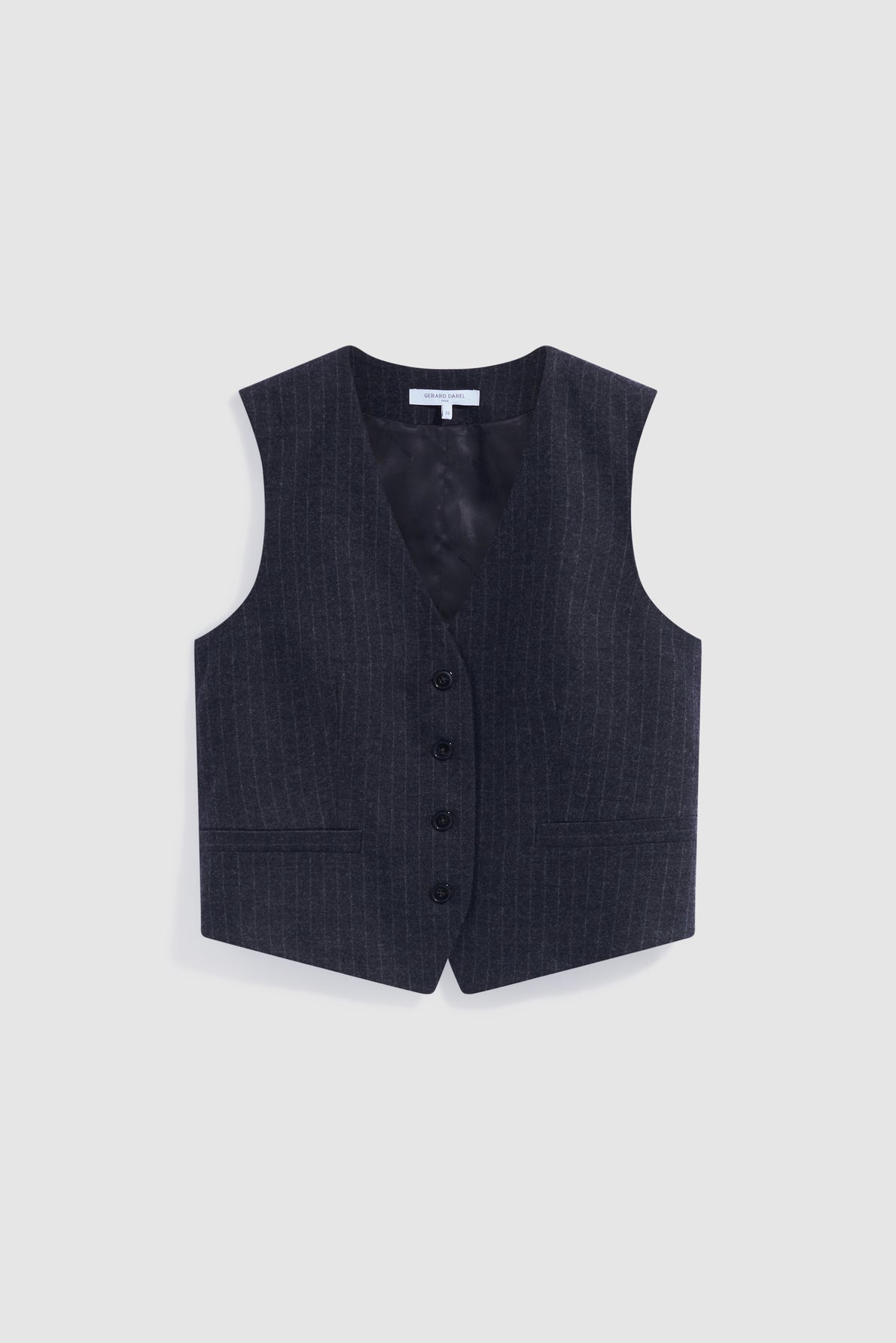 A dark gray pinstripe vest in luxurious flanelle grise, featuring a V-neckline, four black buttons, and a tailored fit for a look classique chic—this gilet de tailleur is displayed against a light gray background.
