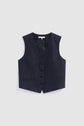 A dark gray pinstripe vest in luxurious flanelle grise, featuring a V-neckline, four black buttons, and a tailored fit for a look classique chic—this gilet de tailleur is displayed against a light gray background.