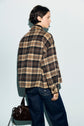 A person with short brown hair wears a veste courte imprimé carreaux and dark blue jeans, standing sideways and looking away. They hold a dark brown handbag by their side against a light background.