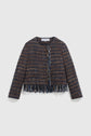 A cropped, long-sleeve veste en tweed in shades of navy, brown, and beige, featuring a round neck, front fringe details, and fringe trim along the hem for a chic tissage multicolore effect.
