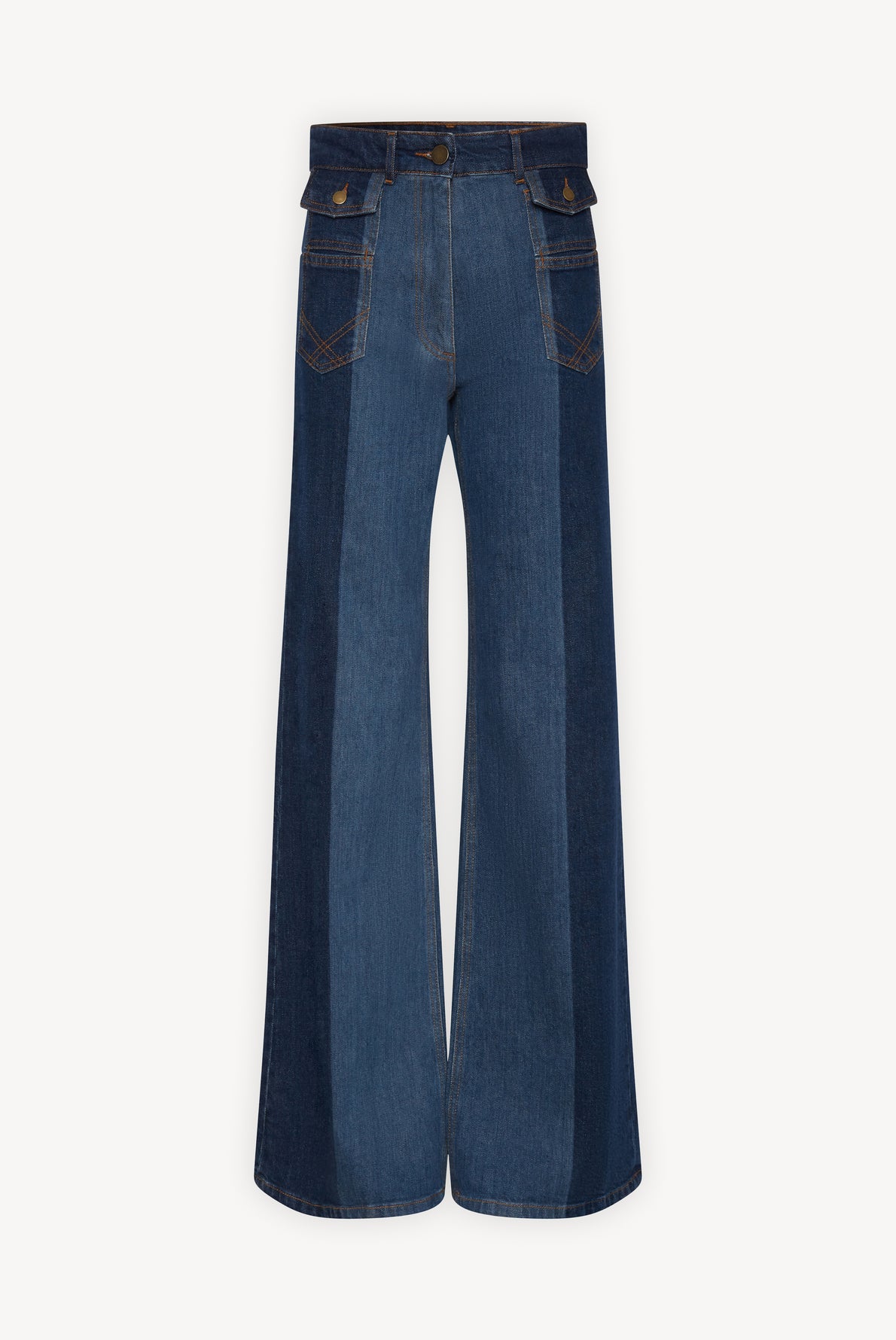 Wide-leg denim jeans with two-tone blue panels, high waist, front button and zip closure, and large front pockets with flap details.