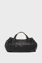 A black sac à main duffel bag crafted from cuir délicat with two handles, gold hardware, a front zippered pocket, and a simple, soft-sided design—perfect for 72h getaways—displayed against a plain white background.