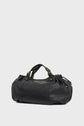 A black leather duffel bag crafted from cuir délicat, featuring gold hardware, short handles, and side drawstring details, set against a plain light gray background. Perfect as a sac à main or for a stylish 72h getaway.