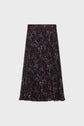 A knee-length pleated skirt crafted from mousseline plissée, adorned with a dark floral pattern in shades of burgundy, black, and white, is displayed on a plain light background.
