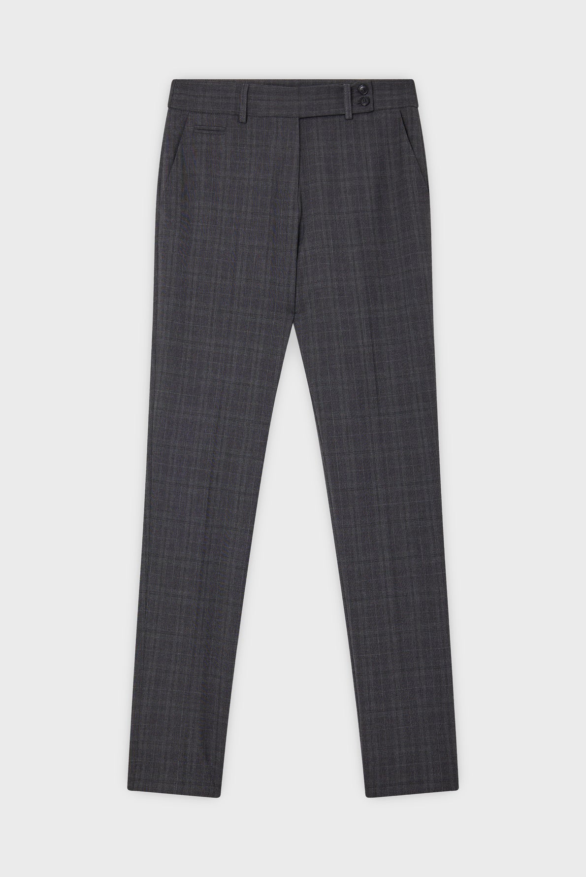 Gray plaid dress pants with a slim fit, belt loops, side pockets, and a front button and zipper closure, displayed flat on a white background.