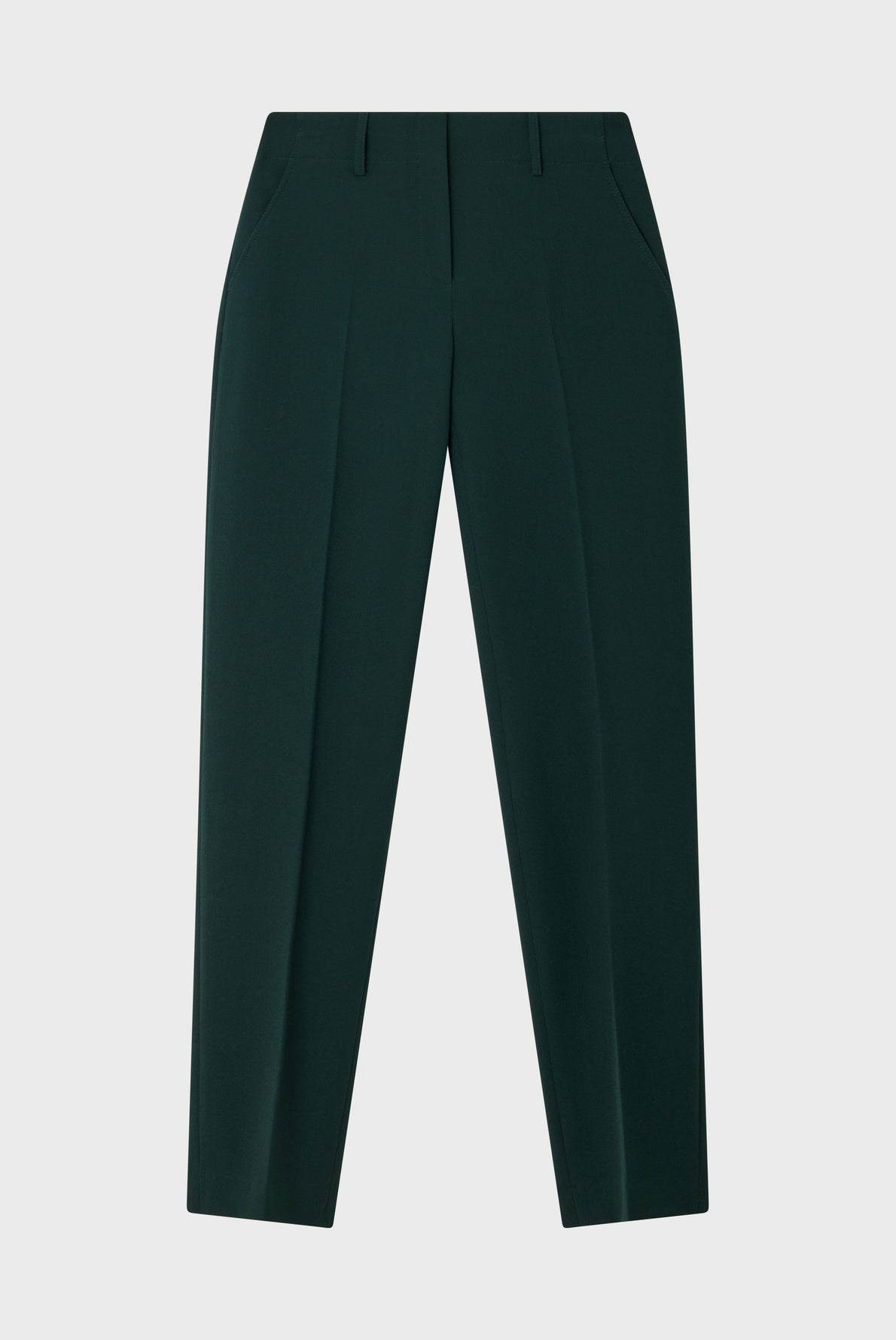 Dark green tailored trousers with side pockets and belt loops, laid flat on a white background.