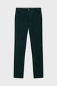 Dark green velours côtelé pants laid flat on a white background, featuring front pockets, a button closure, and a coupe slim pantalon cigarette design.