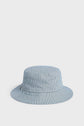 A light blue and white bucket hat, or bob bleu ciel, with vertical black stripes is displayed against a plain white background.