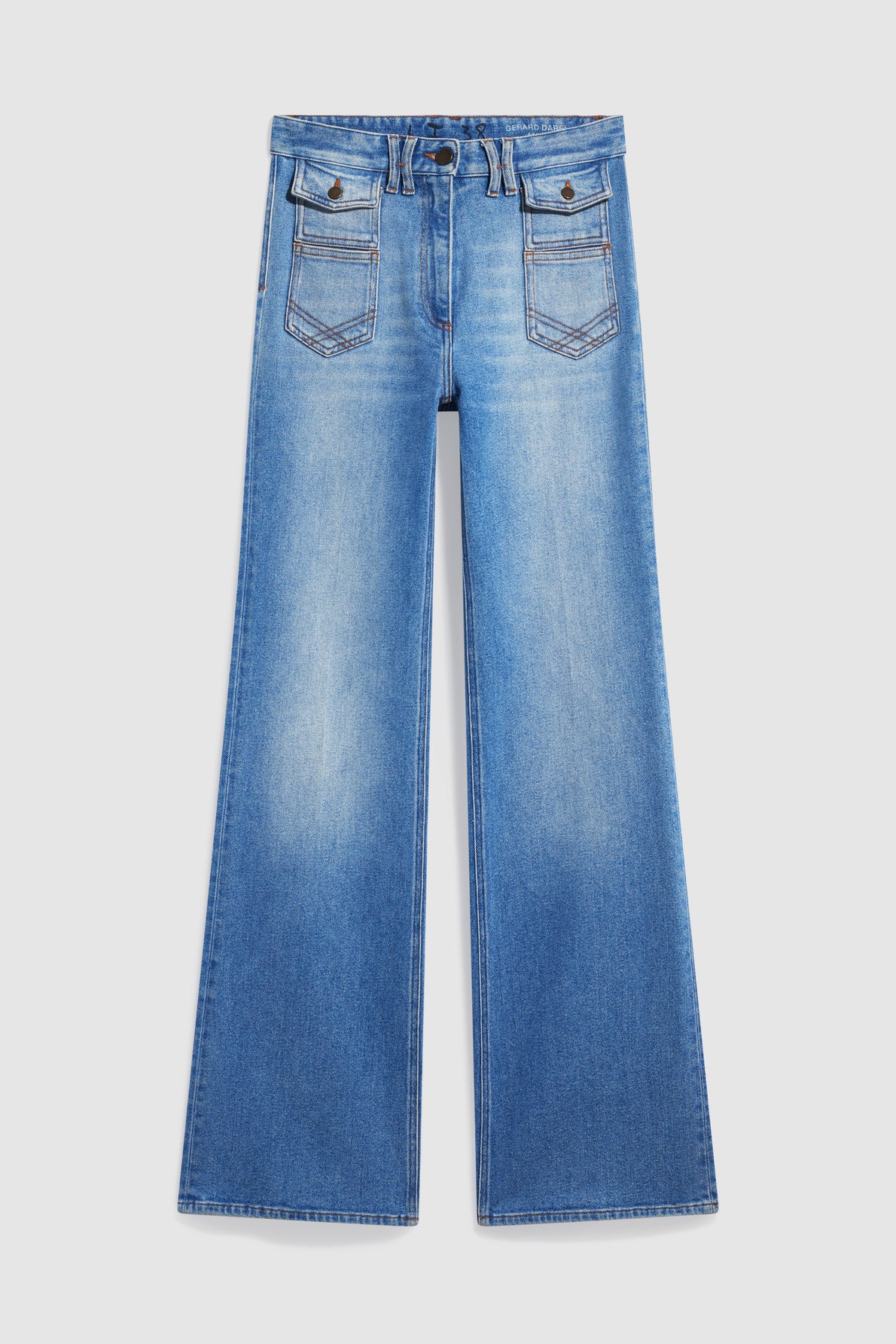 Light blue denim jeans with a wide-leg, jean flare cut, featuring two front pockets, two back pockets, and a button closure, laid flat on a white background.