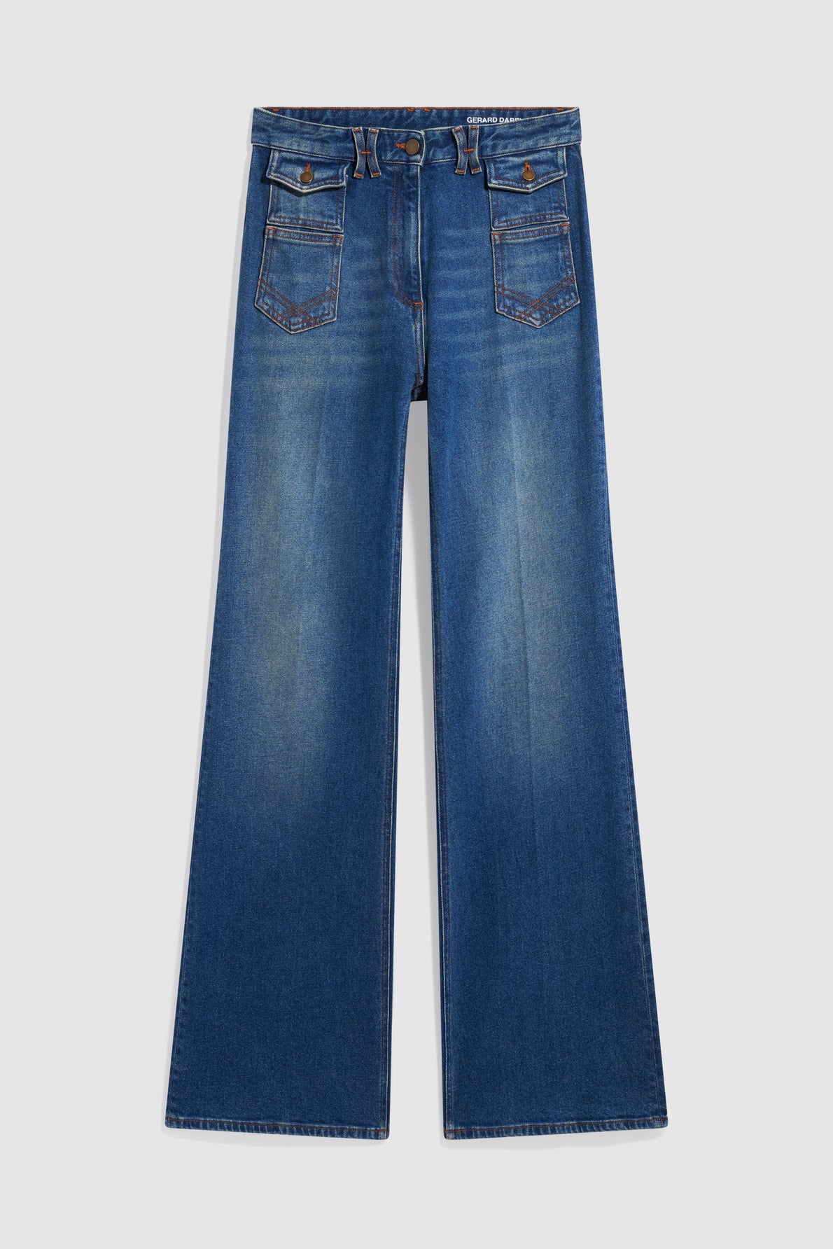 A pair of blue wide-leg jeans with a taille haute fit, front patch pockets, a button and zip closure, and slight fading on the thighs, laid flat on a white background.