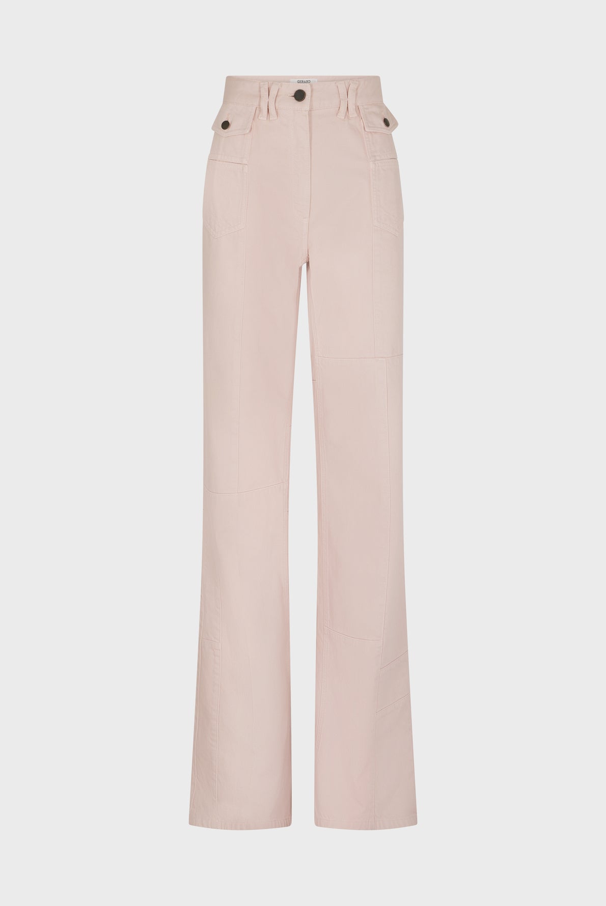 Light pink high-waisted pants with wide legs, front button and zipper closure, and visible seam details. The pants have two front pockets with button flaps.