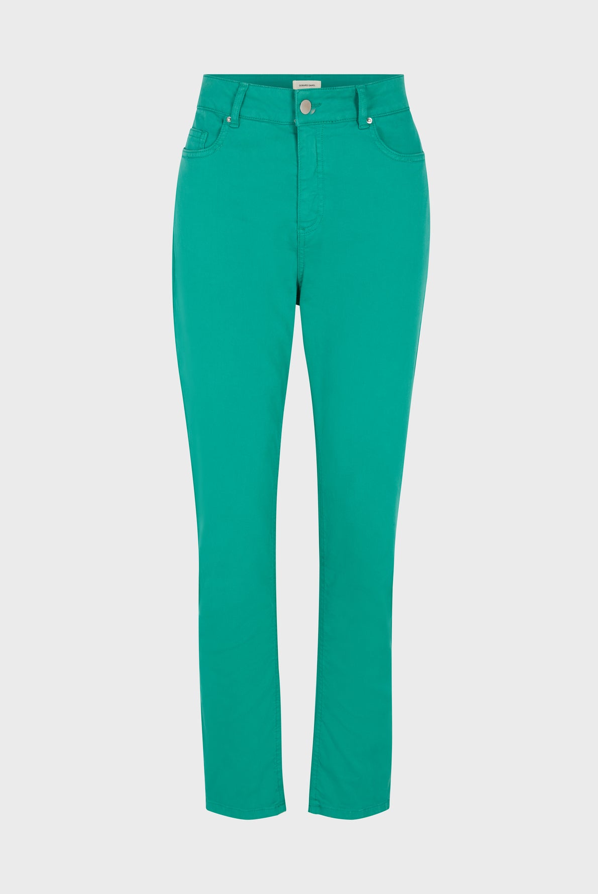 Bright teal womens skinny jeans with front and back pockets, button and zipper closure, displayed on a plain white background.